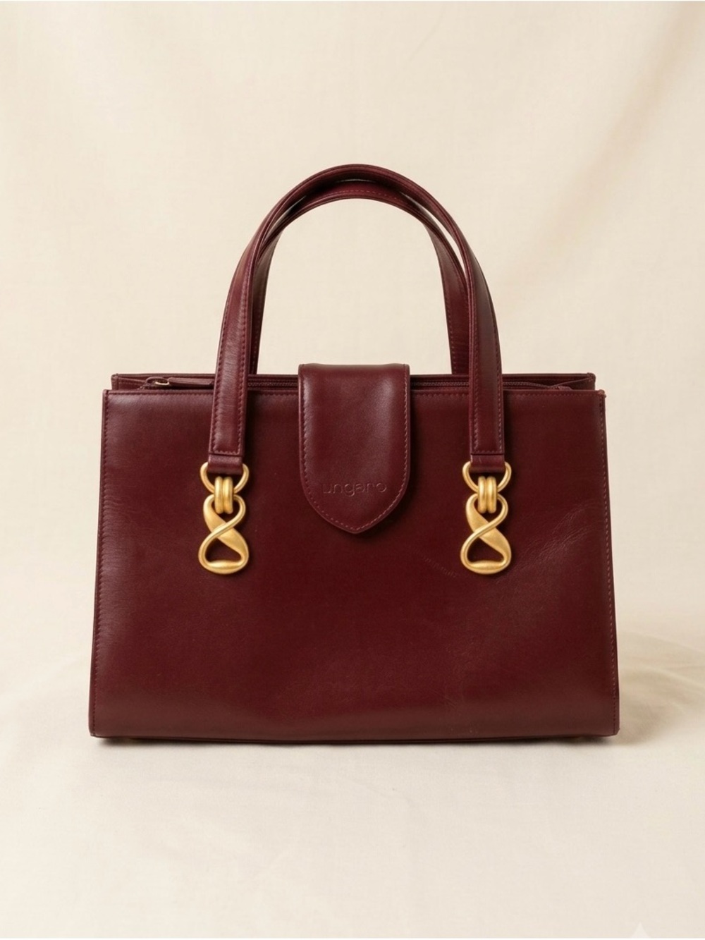 Vintage Ungaro Wine Red Leather Top Handle Bag Gold Hardware